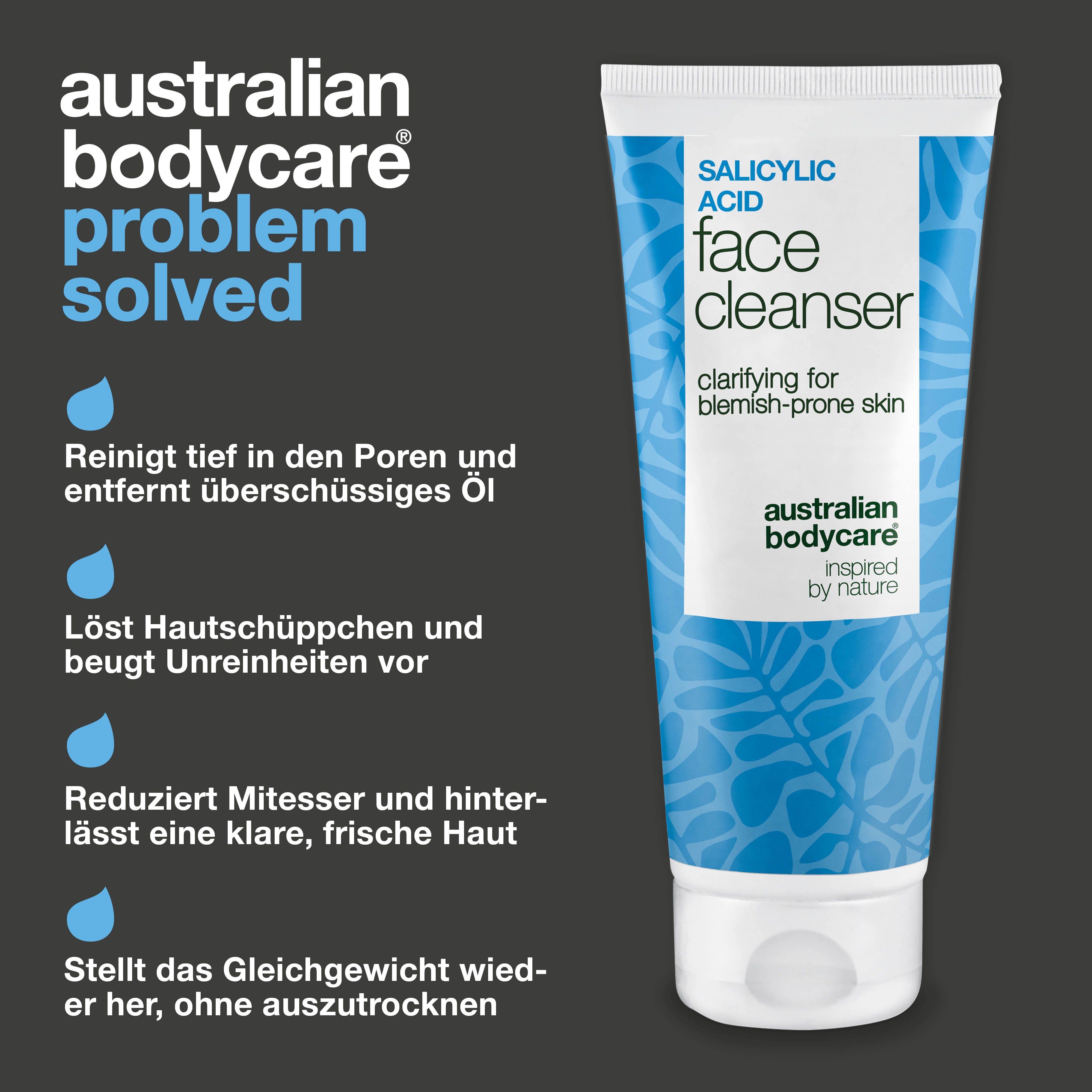 Tube "Salicylic Acid Face Cleanser" mit Text. Text: Reinigt Poren, entfernt Öl, etc. Marke: Australian Bodycare.