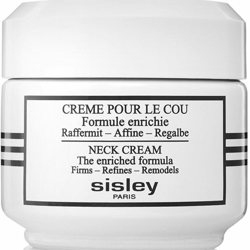 Weiße Creme-Dose mit schwarzer Schrift. Aufschrift: Crème pour le Cou, Neck Cream, Sisley Paris. Schwarze Streifen.