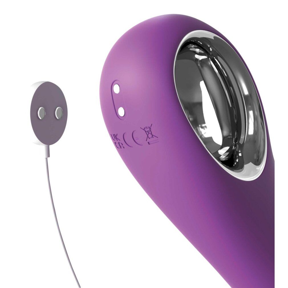 Lila Vibrator mit silberner Öffnung. Separates Ladegerät. Zwei runde Kontaktpunkte. Kabelanschluss.