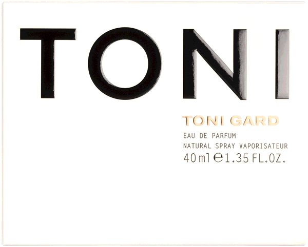 Verpackung von Toni Gard Eau de Parfum. Weißer Karton mit schwarzer Aufschrift TONI und TONI GARD. 40 ml.