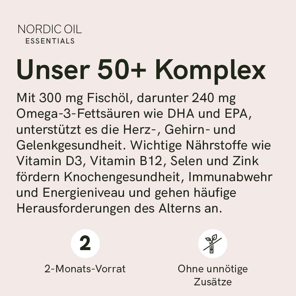 Text: Unser 50+ Komplex. Mit 300 mg Fischöl, darunter 240 mg Omega-3-Fettsäuren. 2-Monats-Vorrat. Ohne unnötige Zusätze.