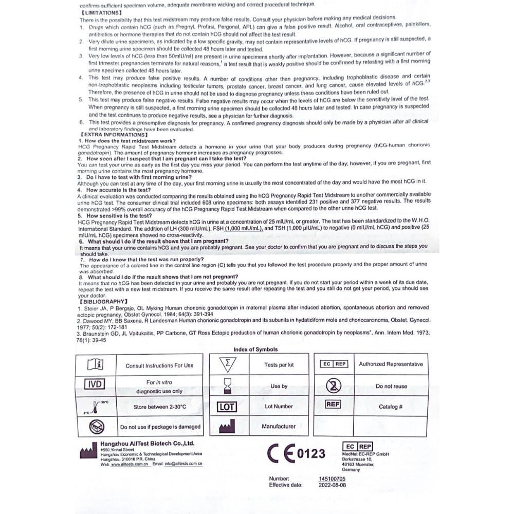 Rückseite des Beipackzettels. Informationen, Symbole und CE-Kennzeichnung. Herstellerinformationen.