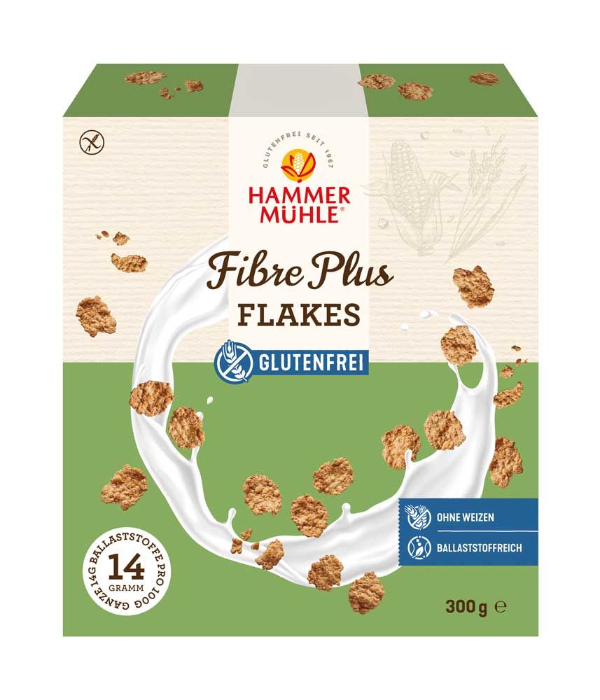 Verpackung von Hammermühle Fibre Plus Flakes. Aufschrift: Glutenfrei, 14g Ballaststoffe pro 100g, ohne Weizen, ballaststoffreich. 300g.