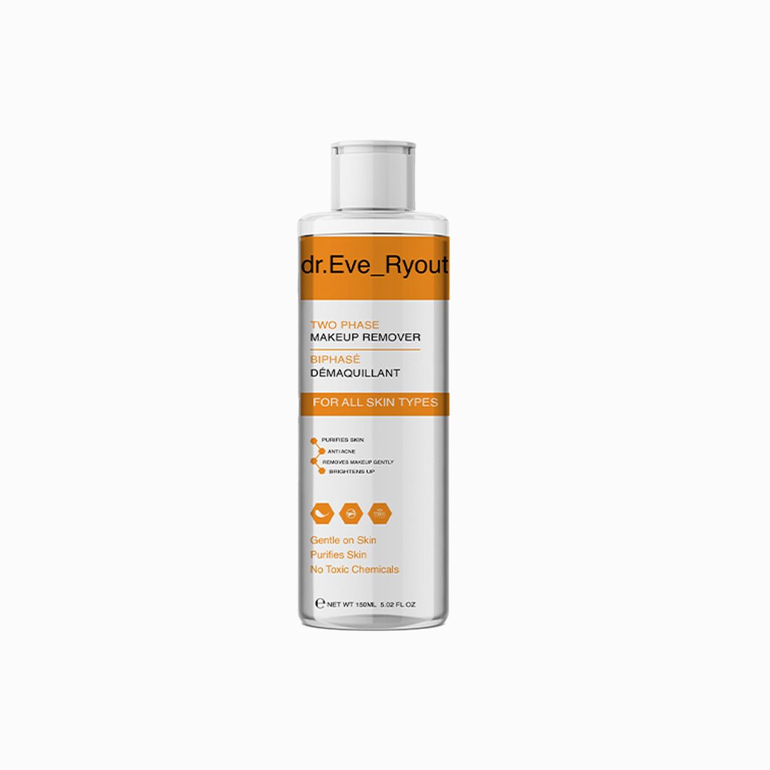 Flasche mit weißem Deckel. Aufschrift: Dr. Eve_Ryouth, Two Phase Makeup Remover. Für alle Hauttypen.