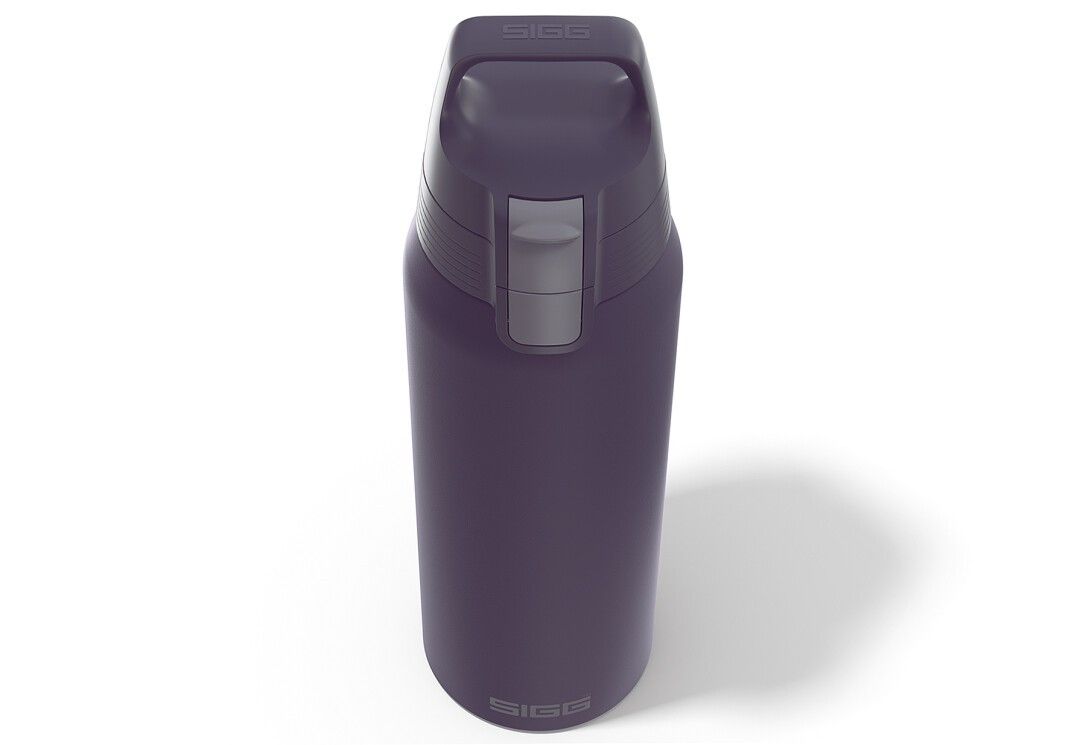 Isolierflasche, dunkelviolett. Ansicht von oben. Mit Tragegriff und Verschluss. SIGG-Logo.