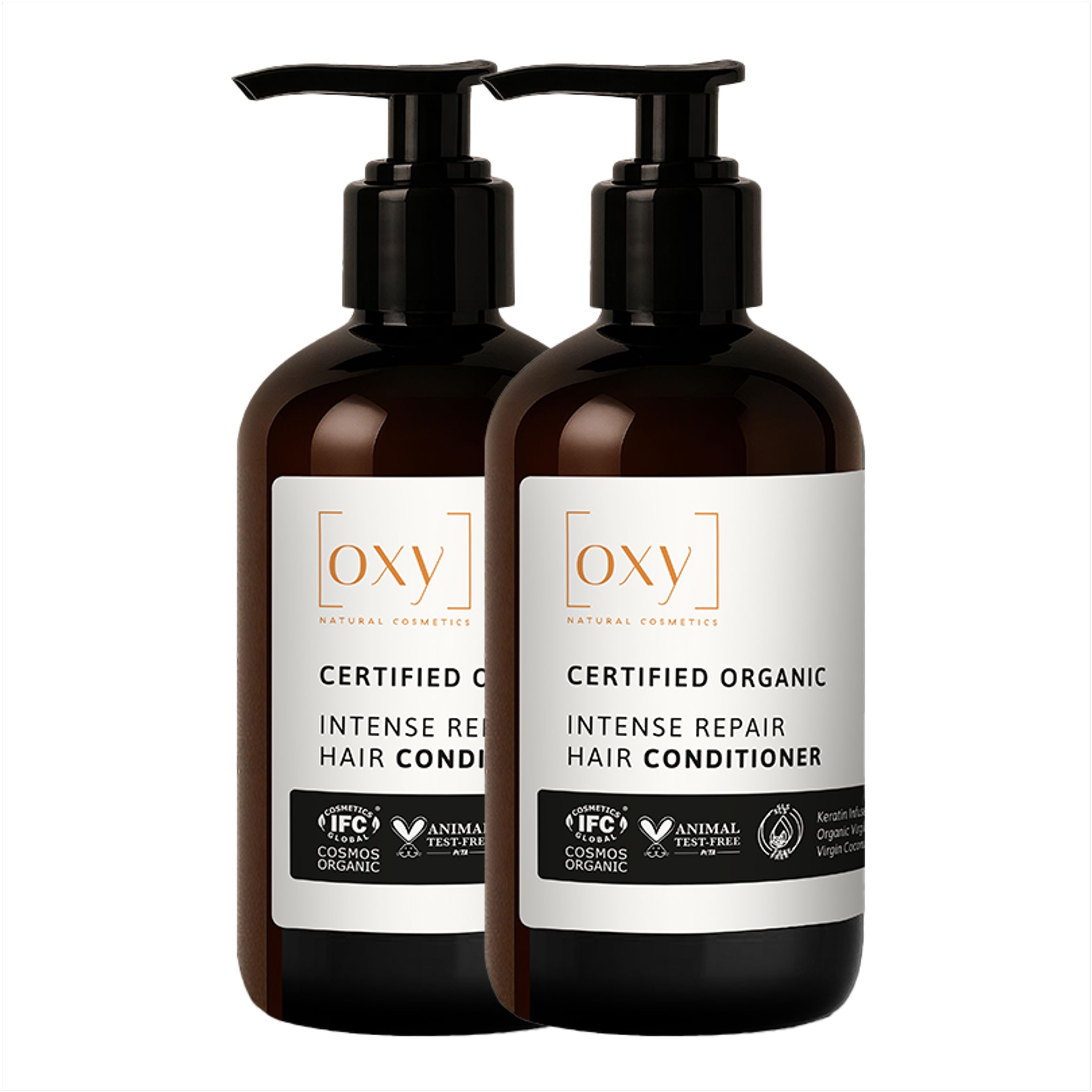 Zwei Flaschen Haarspülung mit schwarzem Pumpverschluss. Aufschrift: oxy8, Intense Repair Hair Conditioner.