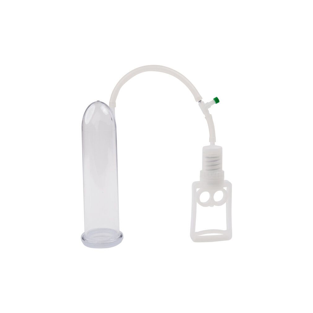 Penispumpe mit transparentem Zylinder, weißem Zubehör und Schlauch. Keine weitere Beschreibung.