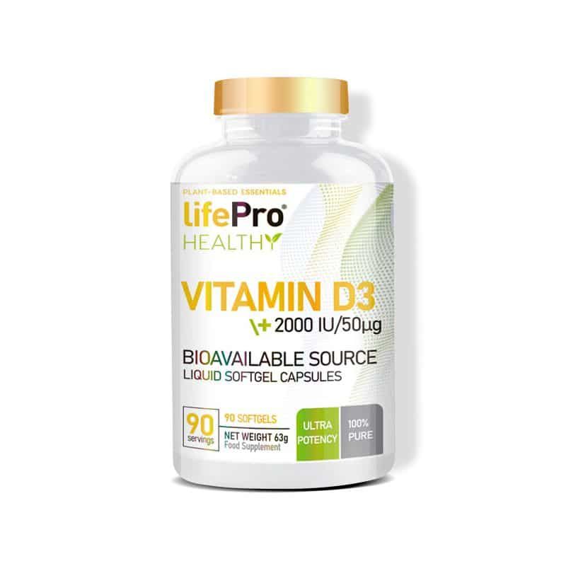Eine Flasche LifePro Healthy Vitamin D3, 2000 IE/50µg. Enthält 90 Softgels. Aufschrift: Bioverfügbare Quelle, flüssige Softgel-Kapseln.