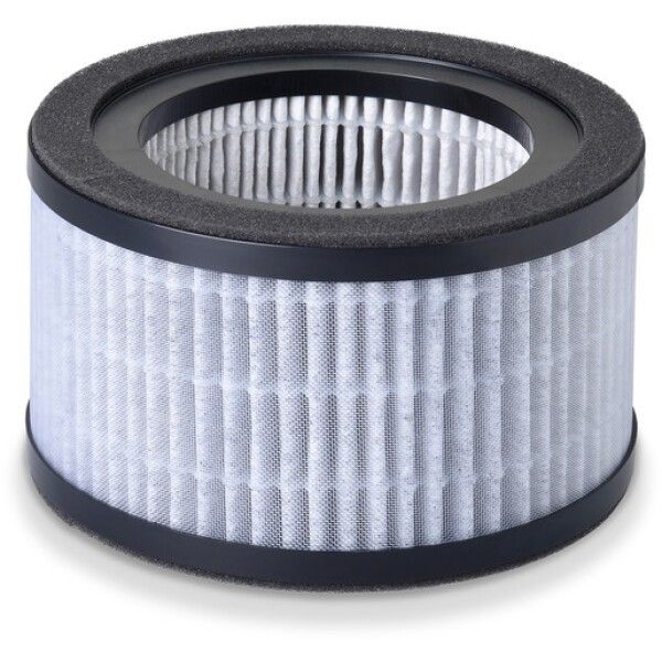 Runder Filter mit schwarzem Rahmen und grauem Schaumstoff. Filterelement mit weißem, geriffeltem Material.