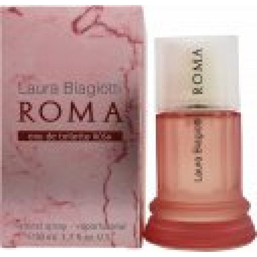 Laura Biagiotti Roma Rosa Eau de Toilette Flakon und Verpackung. Rosa Marmor-Box neben einem geriffelten Glasflakon.