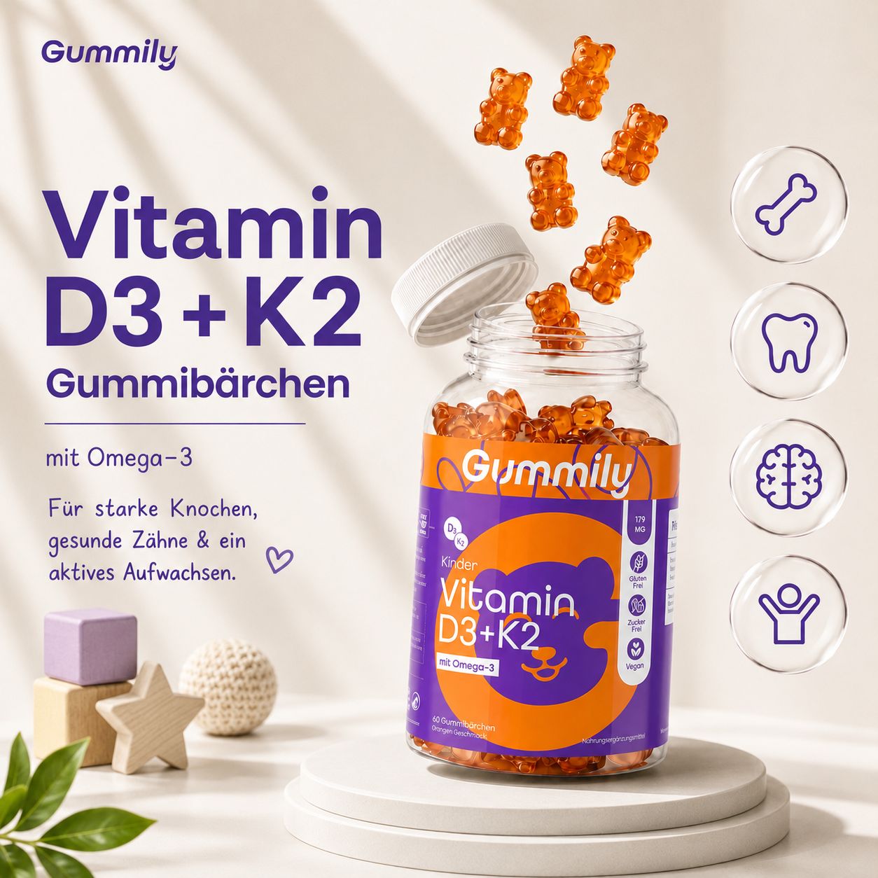Gummily Kinder Vitamin D3+K2 Gummibärchen Flasche mit Icons.