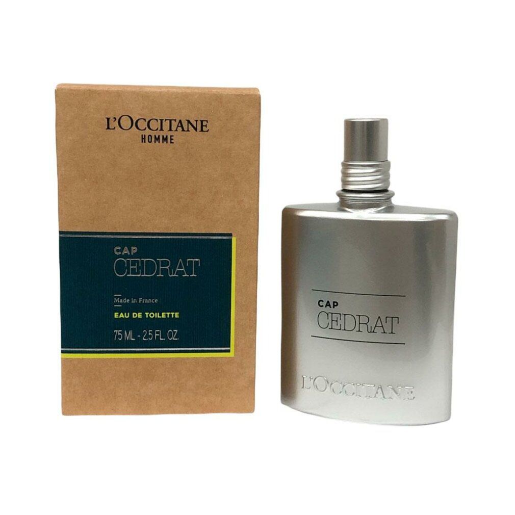 Flakon und Verpackung. Aufschrift CAP CEDRAT, L'Occitane und Eau de Toilette. Braune Verpackung mit blauem Feld.