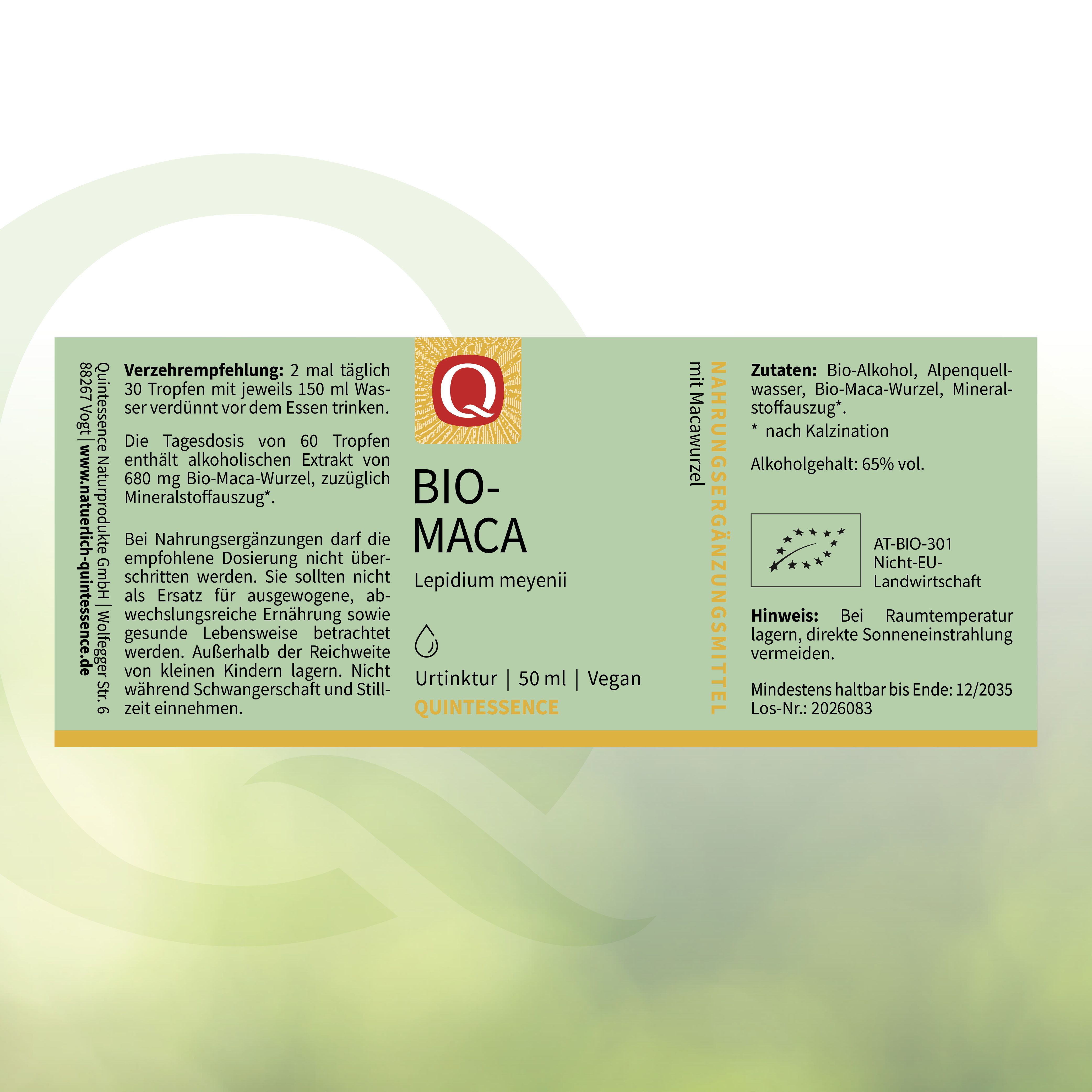 Rückseite Quintessence Bio-Maca Tinktur: Zutaten, Alkoholgehalt 65% vol., Verzehrempfehlung, MHD 12/2035.