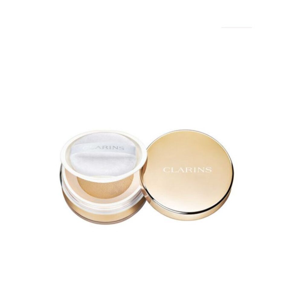 Offener, runder Puderbehälter mit Deckel und Puderquaste. Auf dem Deckel steht "CLARINS".