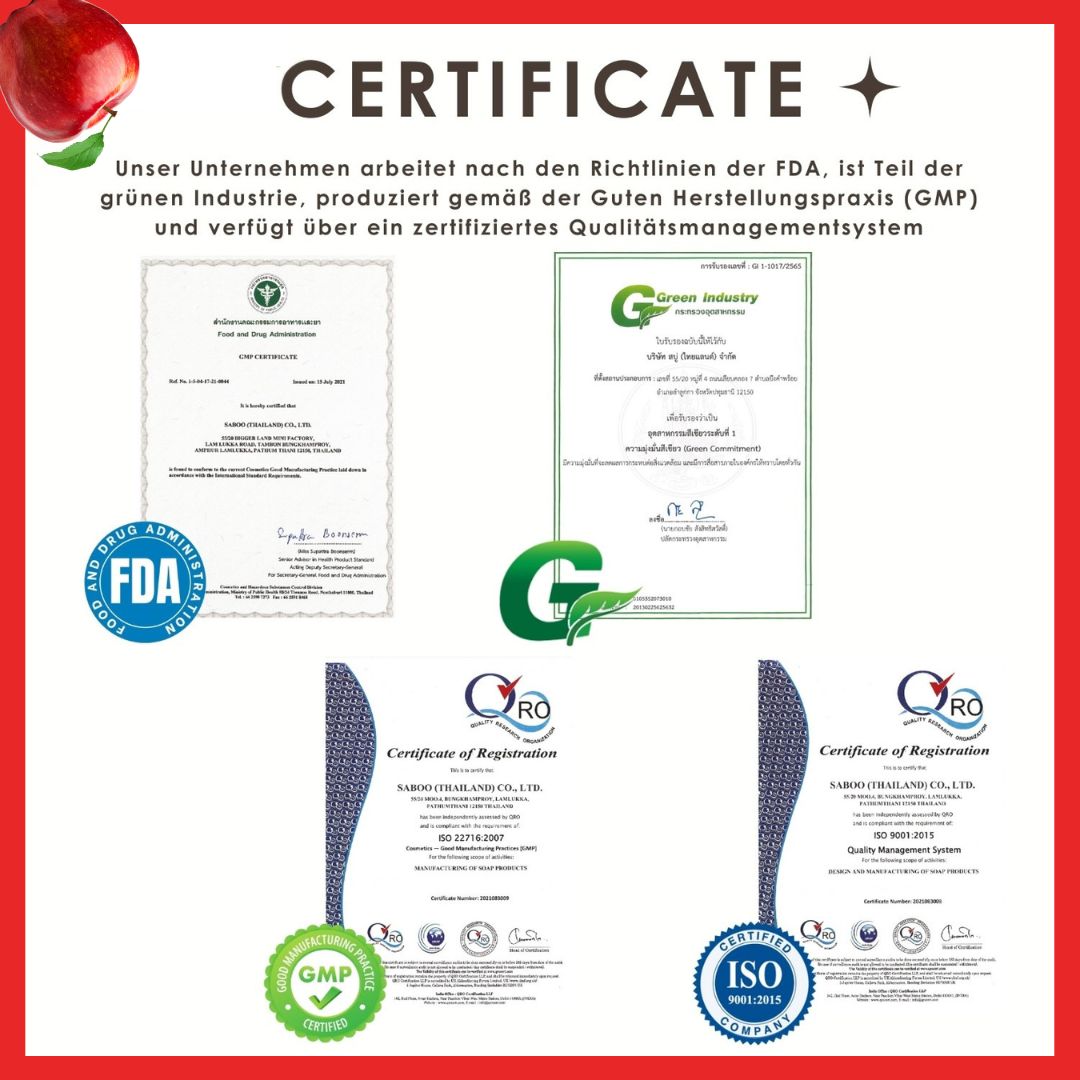 Zertifikate: FDA, GMP, ISO 9001. Text: CERTIFICATE. Text: Unser Unternehmen arbeitet nach den Richtlinien der FDA.