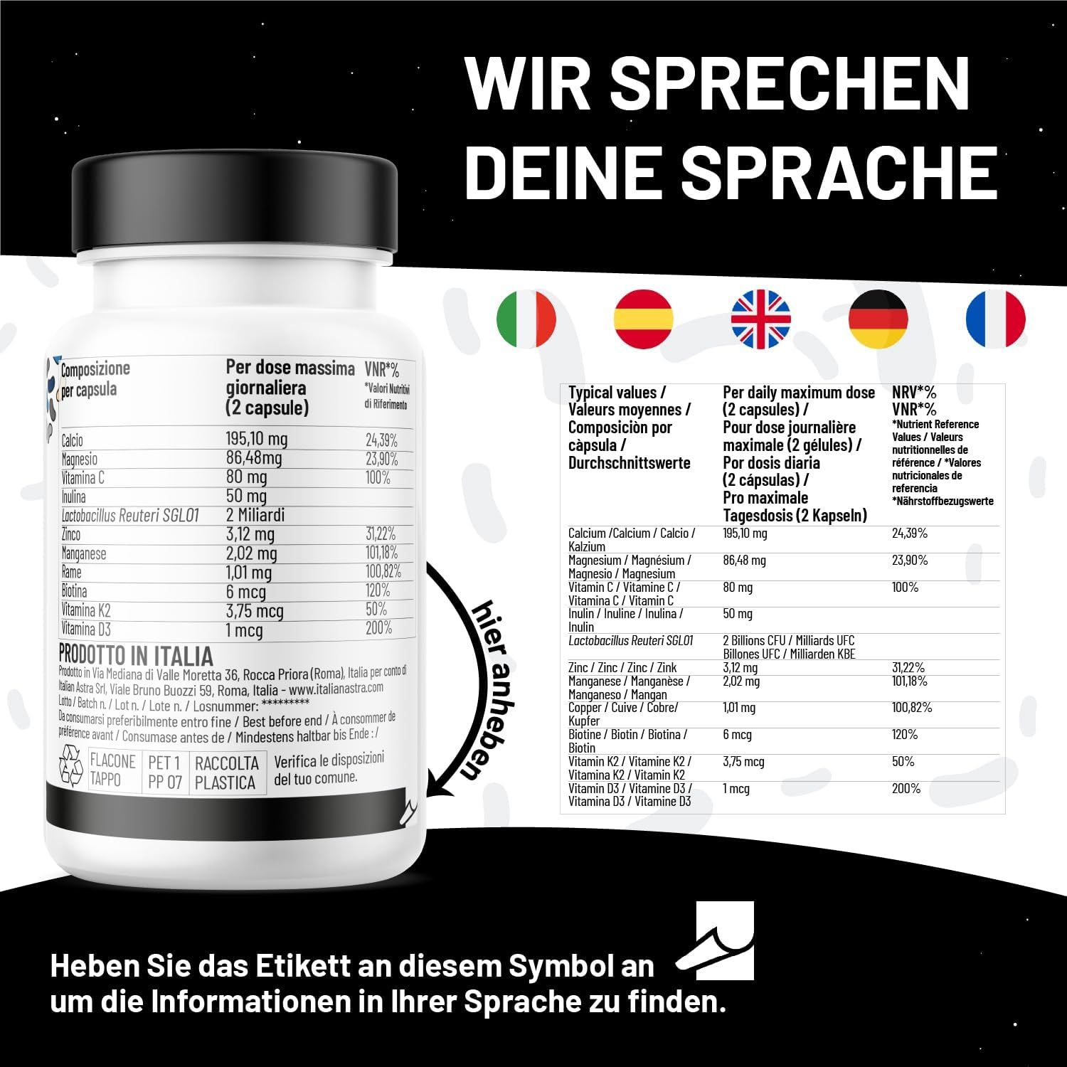 Mehrsprachige Produktinformationen. Text: Nährwertangaben, Sprachen. Marke: Italian Astra.