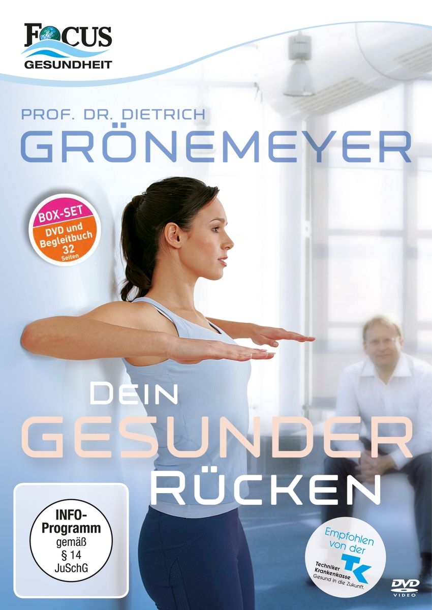 DVD-Box-Set "Dein gesunder Rücken" von Prof. Dr. Grönemeyer. Enthält DVD und Begleitbuch. Frau macht Übung.