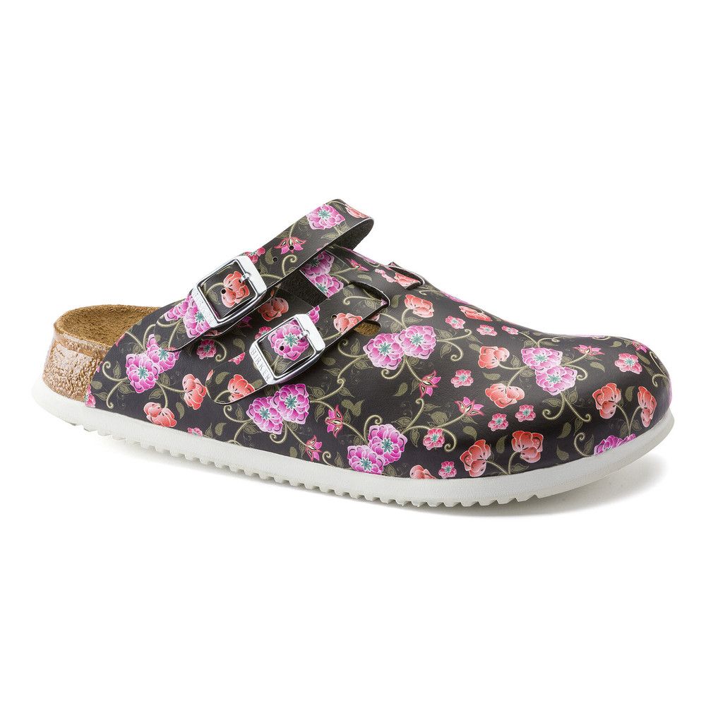 Schwarze Pantolette mit Blumenmuster. Zwei Riemen mit Schnallen. Korkfußbett. Weiße Sohle. Birkenstock Kay SL Pantolette.
