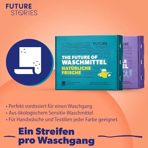Zwei grüne und violette Waschmittel-Verpackungen. Text: The Future of Waschmittel NATÜRLICHE FRISCHE. Ein Streifen pro Waschgang.