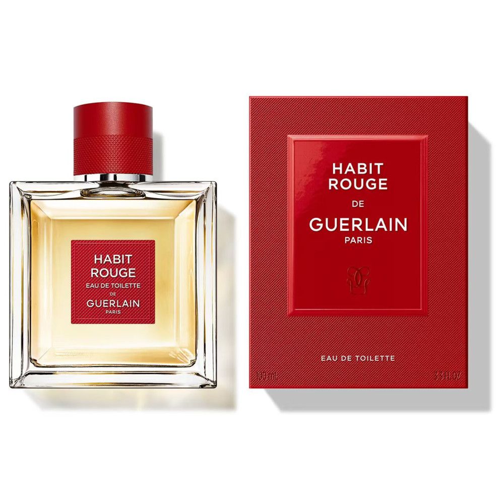 Drei Guerlain Habit Rouge Eau de Toilette Flakons. Quadratisch, rotes Etikett und Verschluss. Gelbliche Flüssigkeit.