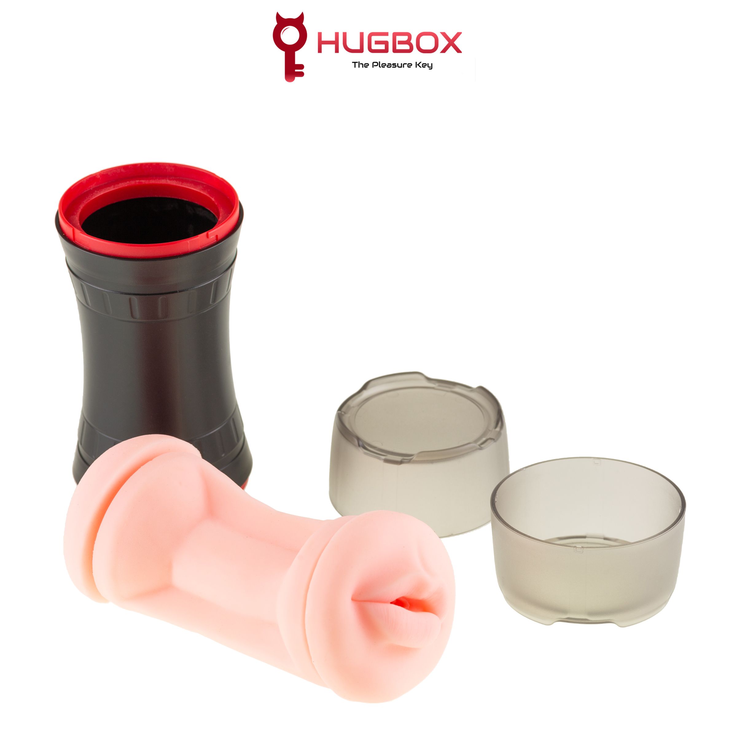 Zerlegtes Produkt mit schwarzem Gehäuse, rosa Einsatz und zwei transparenten Teilen. Logo: HUGBOX.