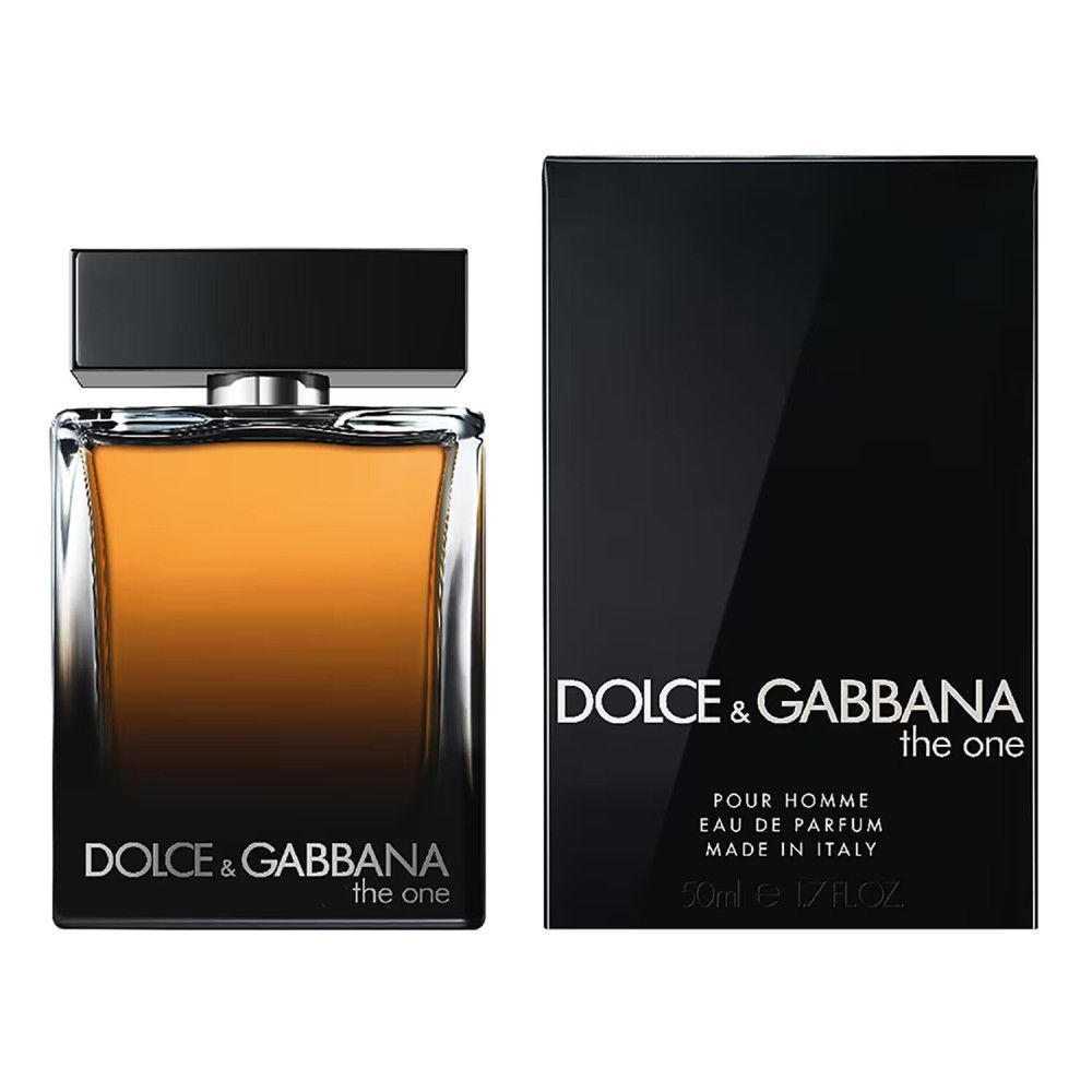 Dolce & Gabbana The One For Men EdP Nat. Spray. Rechteckiger Flakon mit schwarzem Deckel und Verpackung. Logo und Produktbezeichnung sichtbar.