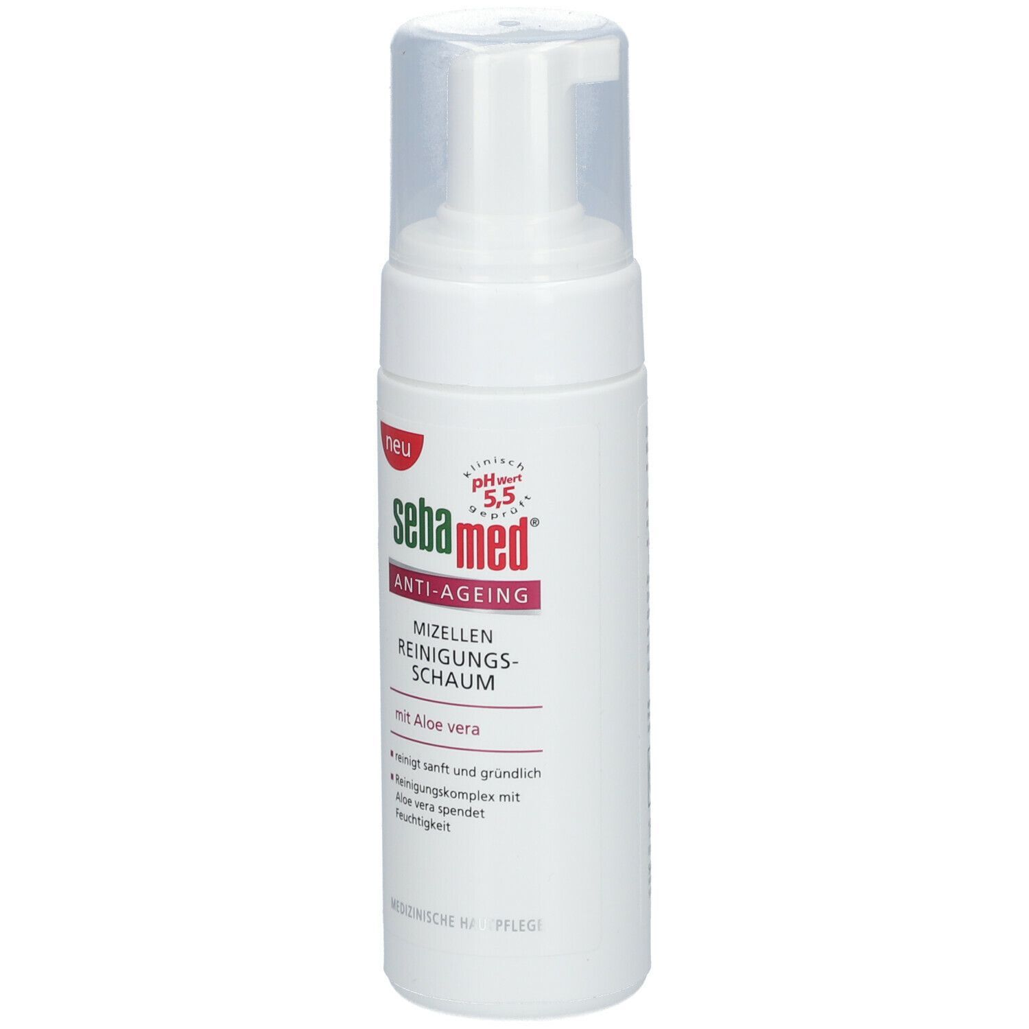 Weiße Flasche mit Sprühkopf. Aufschrift: sebamed ANTI-AGEING MIZELLEN REINIGUNGSSCHAUM. Mit Aloe vera.