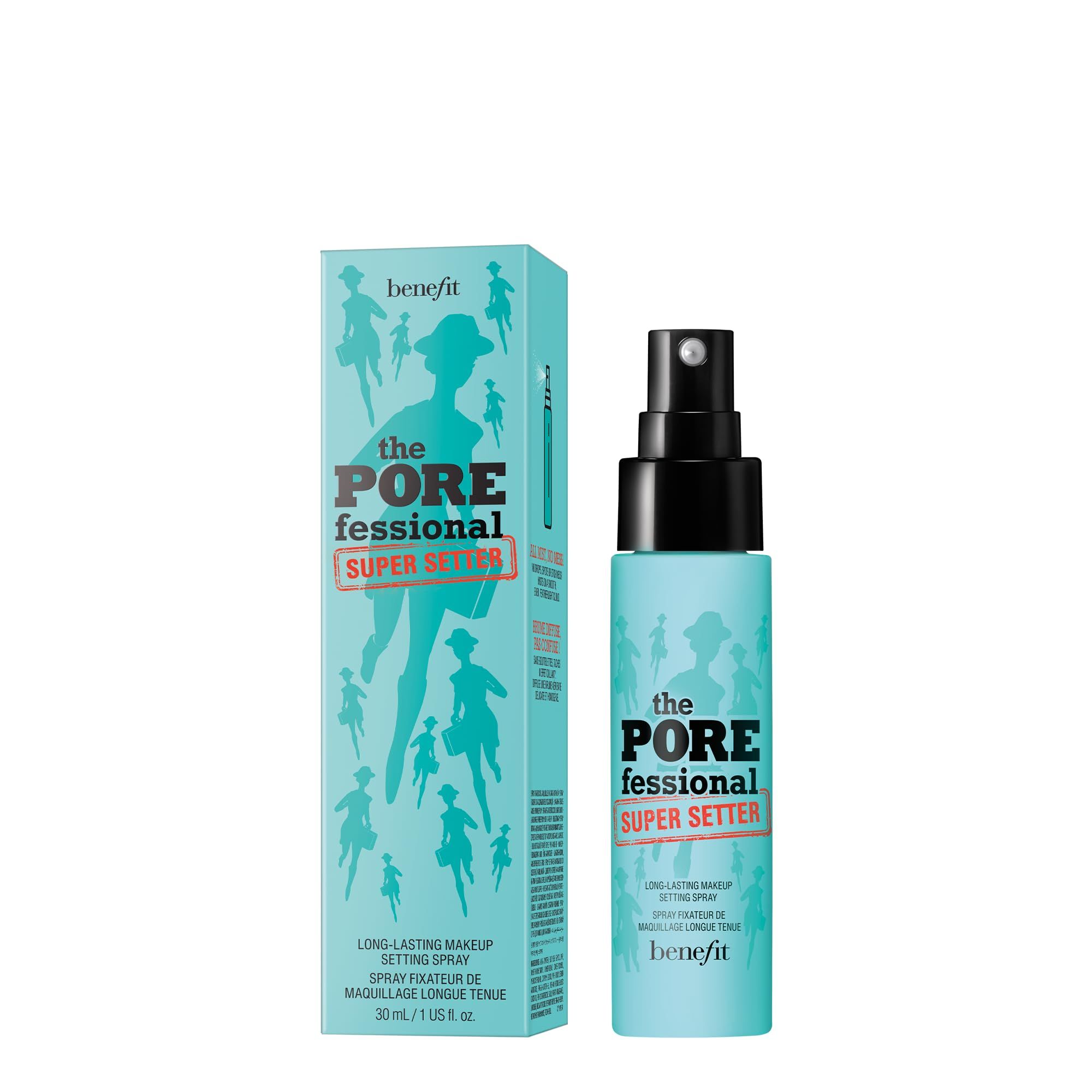 Türkisgrüne Schachtel und Sprühflasche. Aufschrift: The Porefessional Super Setter. Marke: benefit. Mit Illustrationen.
