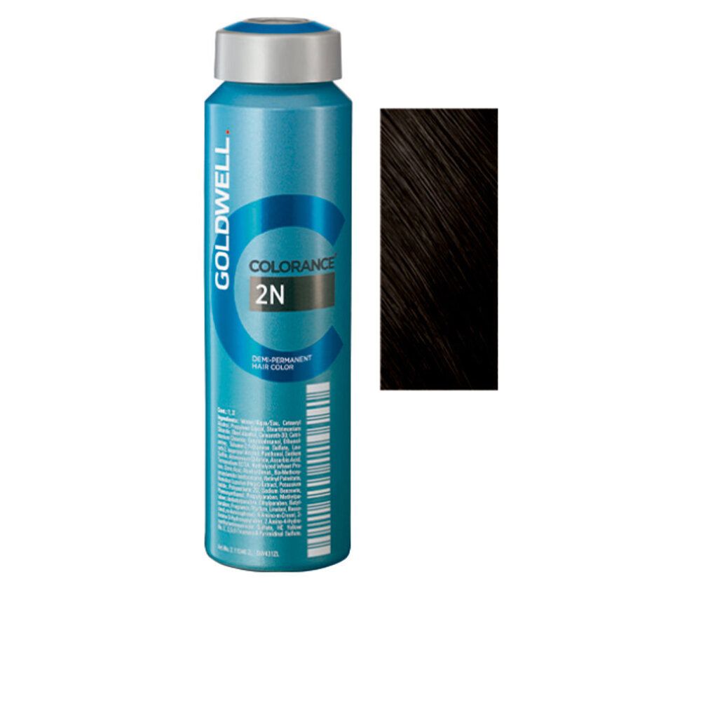 Flasche Colorance 2N, dunkelbraune Haarfarbe. Goldwell-Logo. Farbprobe rechts.
