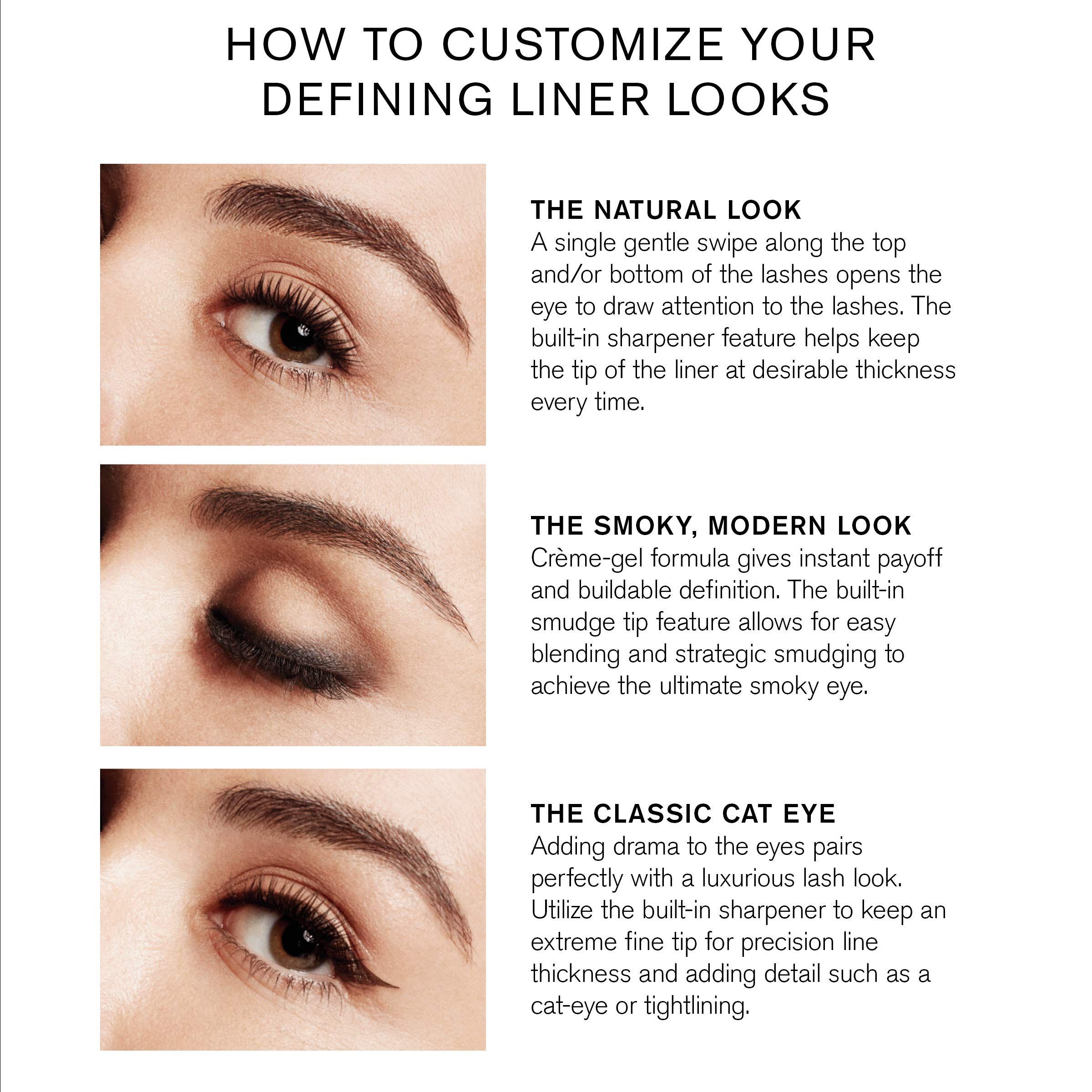 Drei Augen mit verschiedenen Eyeliner-Looks. Text: Der natürliche Look, Der Smokey, moderne Look, Die klassische Cat-Eye.