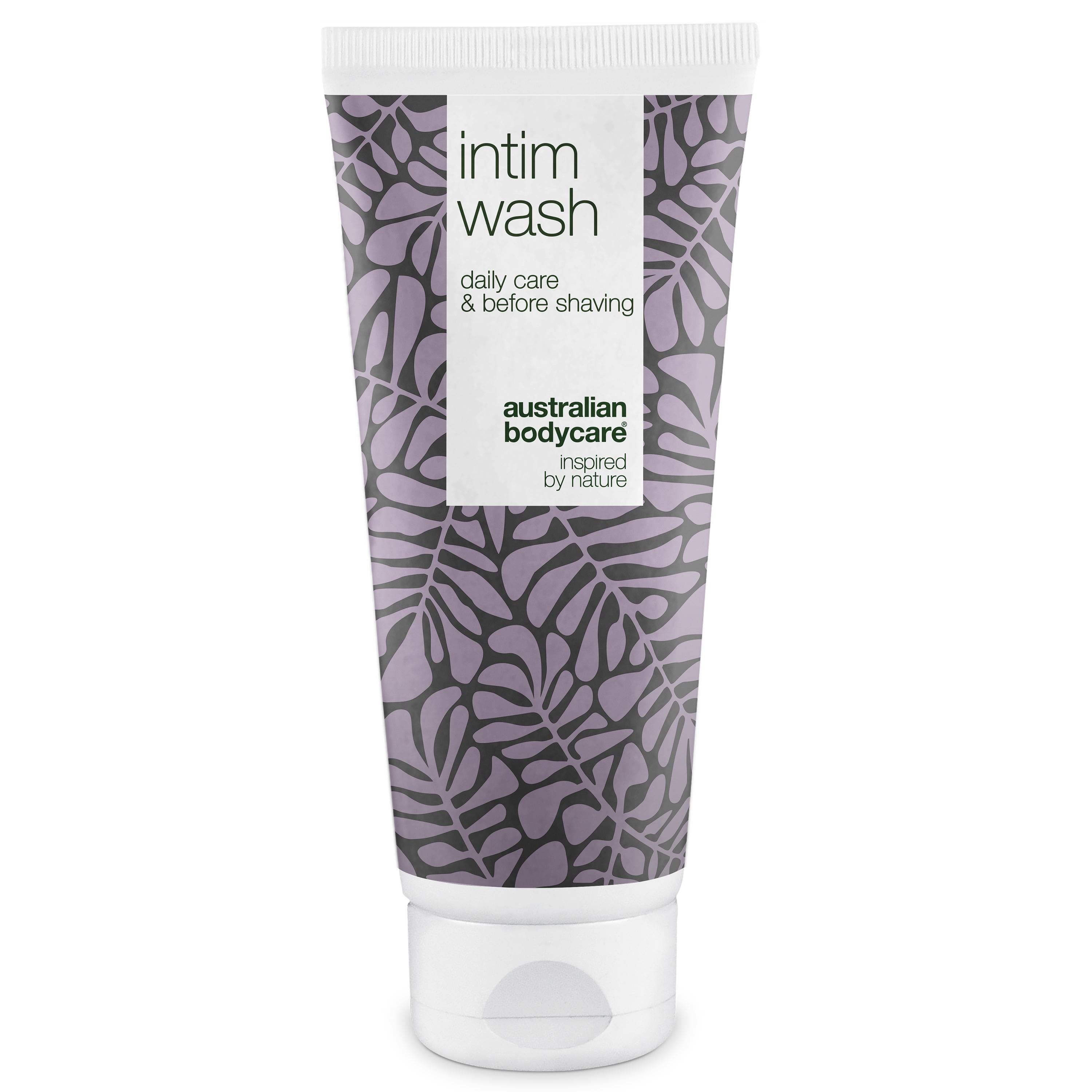 Tube mit Intimwaschlotion. Weißer Deckel, lila Muster. Text: Intim Wash, daily care & before shaving, Australian Bodycare.