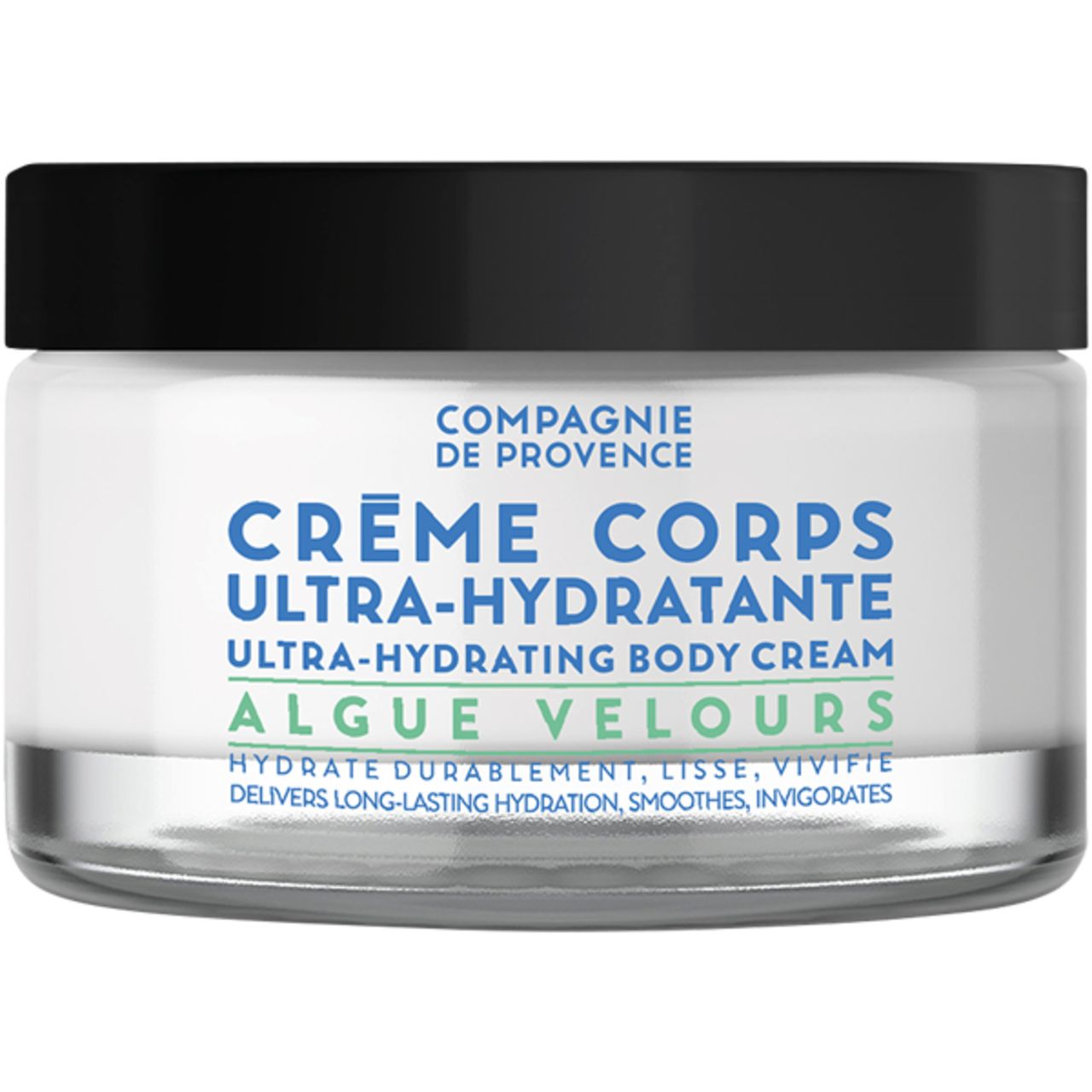 Creme-Tiegel mit schwarzem Deckel. Blaue und grüne Schrift auf weißem Hintergrund. Text: Crème Corps Ultra-Hydratante, Algue Velours.