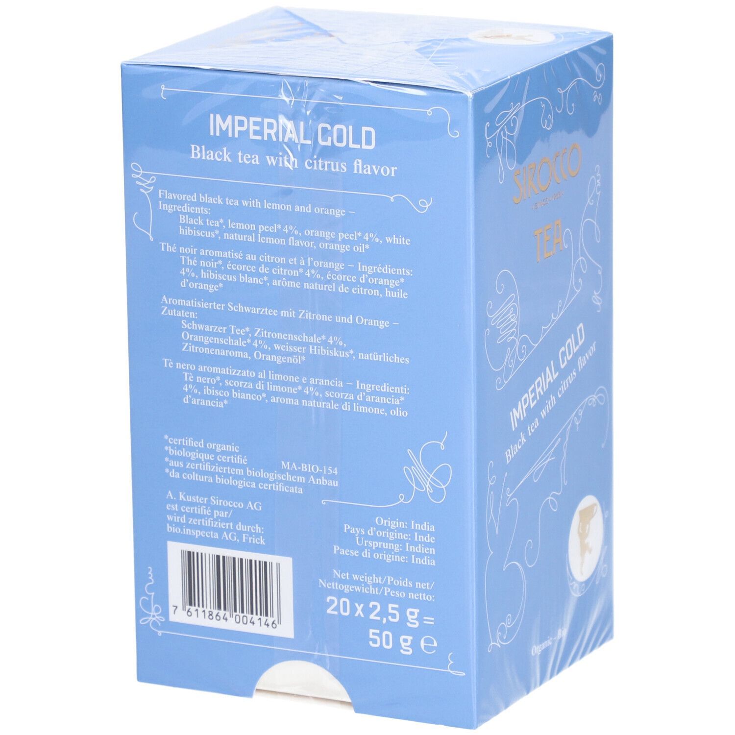 Hellblaue Schachtel mit Texten. "Imperial Gold Black tea with citrus flavor". Zutatenliste, Nährwertangaben, Herkunft. 20x2,5g = 50g.
