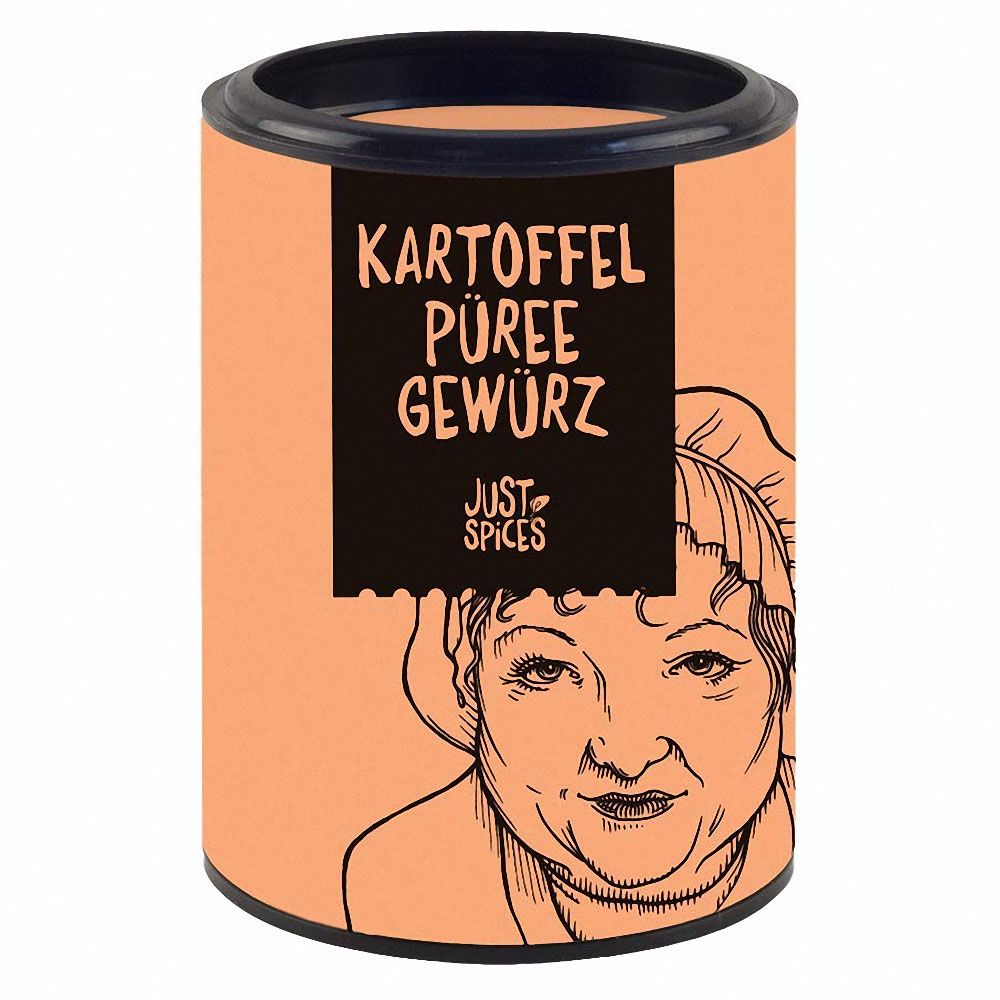 Zylindrische Dose mit Aufschrift "Kartoffelpüree Gewürz". Schwarzer Deckel. Illustration einer Frau.