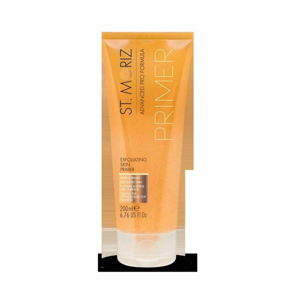 Tube St. Moriz Primer. Orangefarbener Hintergrund. Produktname und Details. Exfolierend.