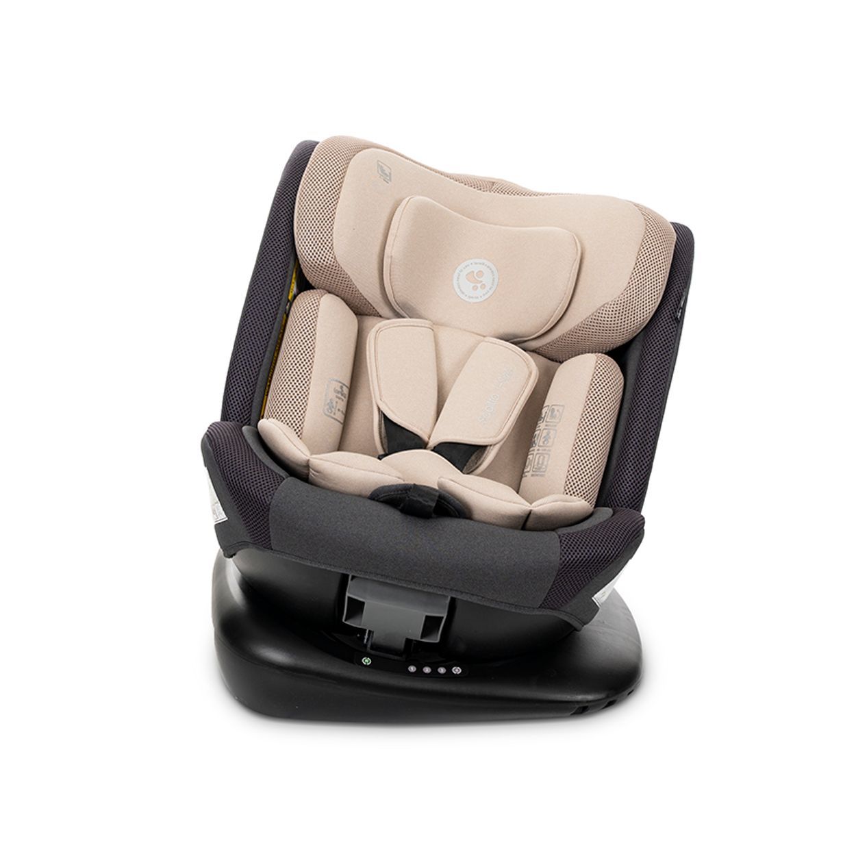 Kindersitz mit verstellbarer Kopfstütze und Gurten, beige und grau.