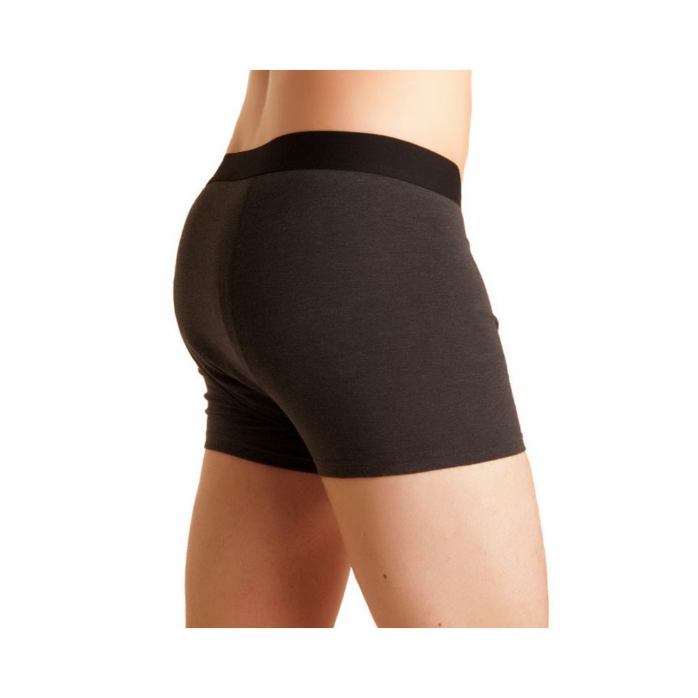 Graue Inkontinenzhose für Männer. Schwarzer Bund. Boxershorts-Form. Seitenansicht.