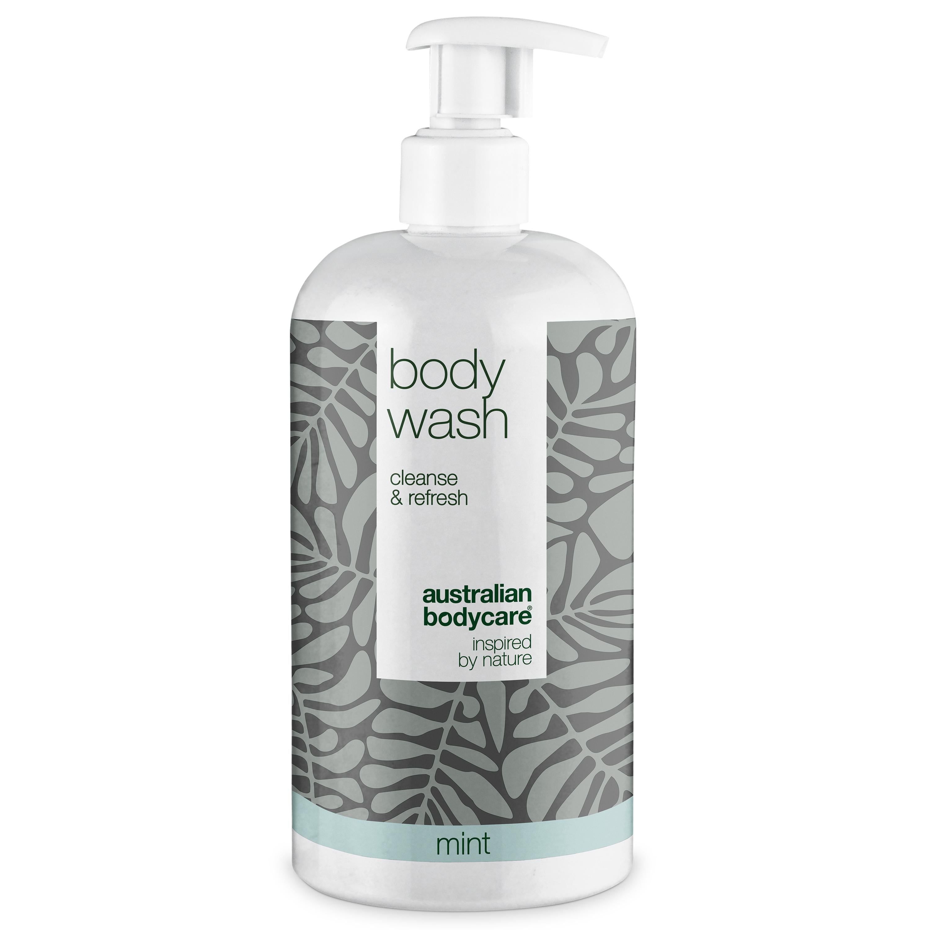 Weißer Spender mit „body wash“ und „australian bodycare“. Mint-Aufdruck. Pumpe oben.