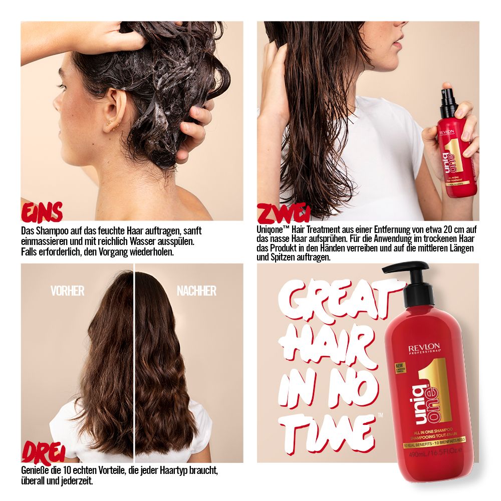 Collage mit Anwendungsbeispielen von Revlon Uniq One Shampoo. Vorher/Nachher-Effekt.