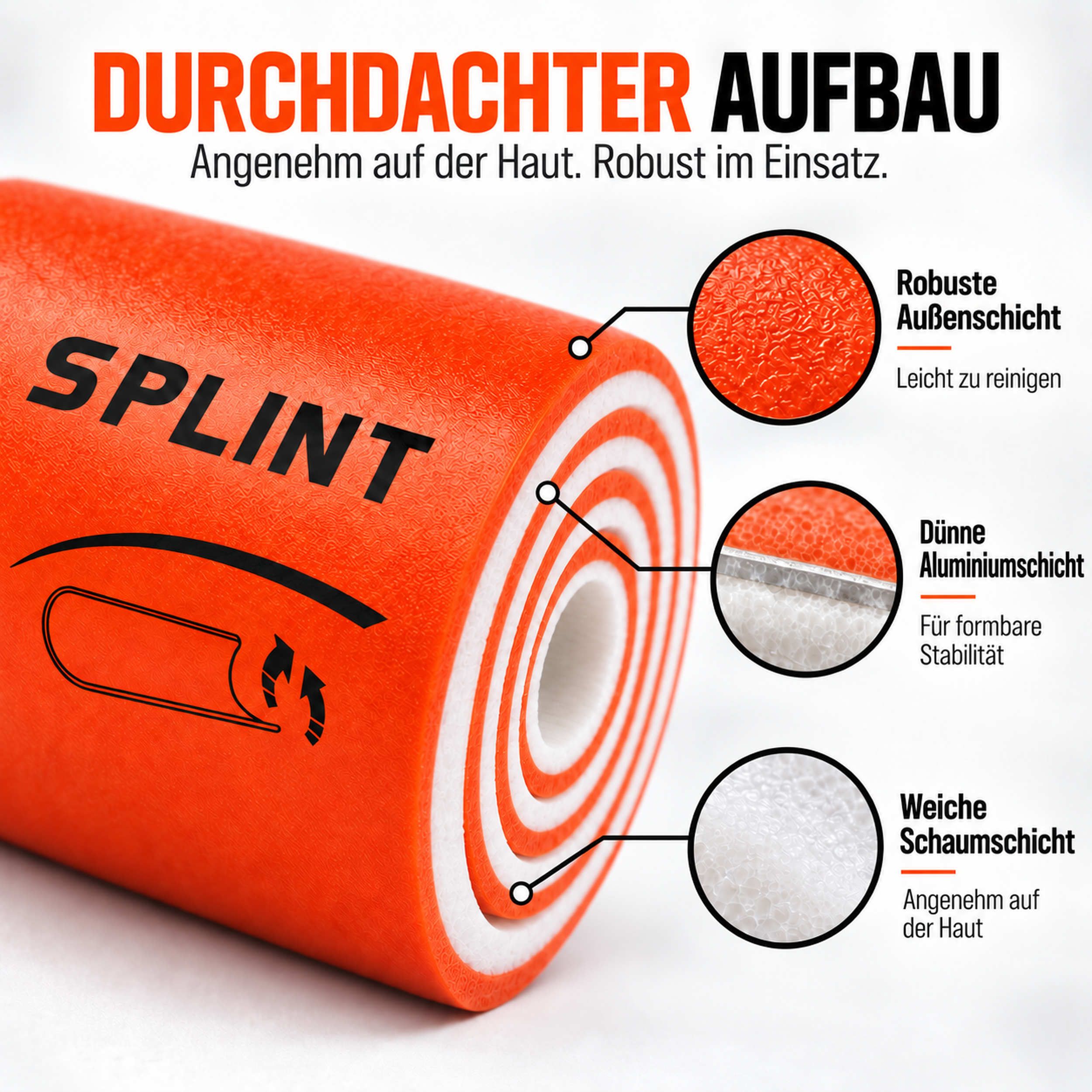Orange Pulox Splint Schiene mit Schichtenaufbau: robuste Außenschicht, Aluminiumschicht, weiche Schaumschicht.
