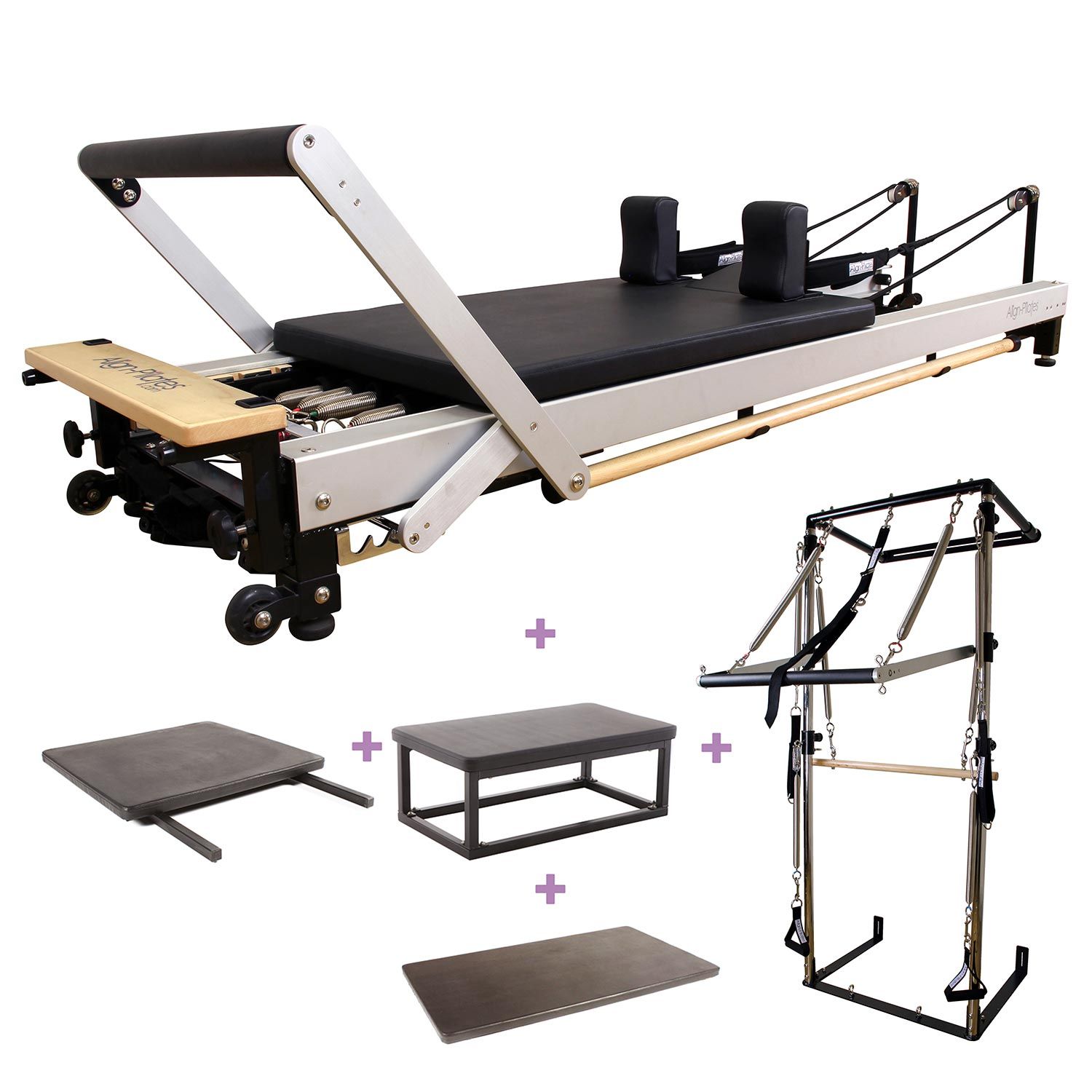 Pilates-Reformer mit Half Cadillac und Zubehör. Schwarze Polsterung, silberfarbener Rahmen. Verschiedene Komponenten.
