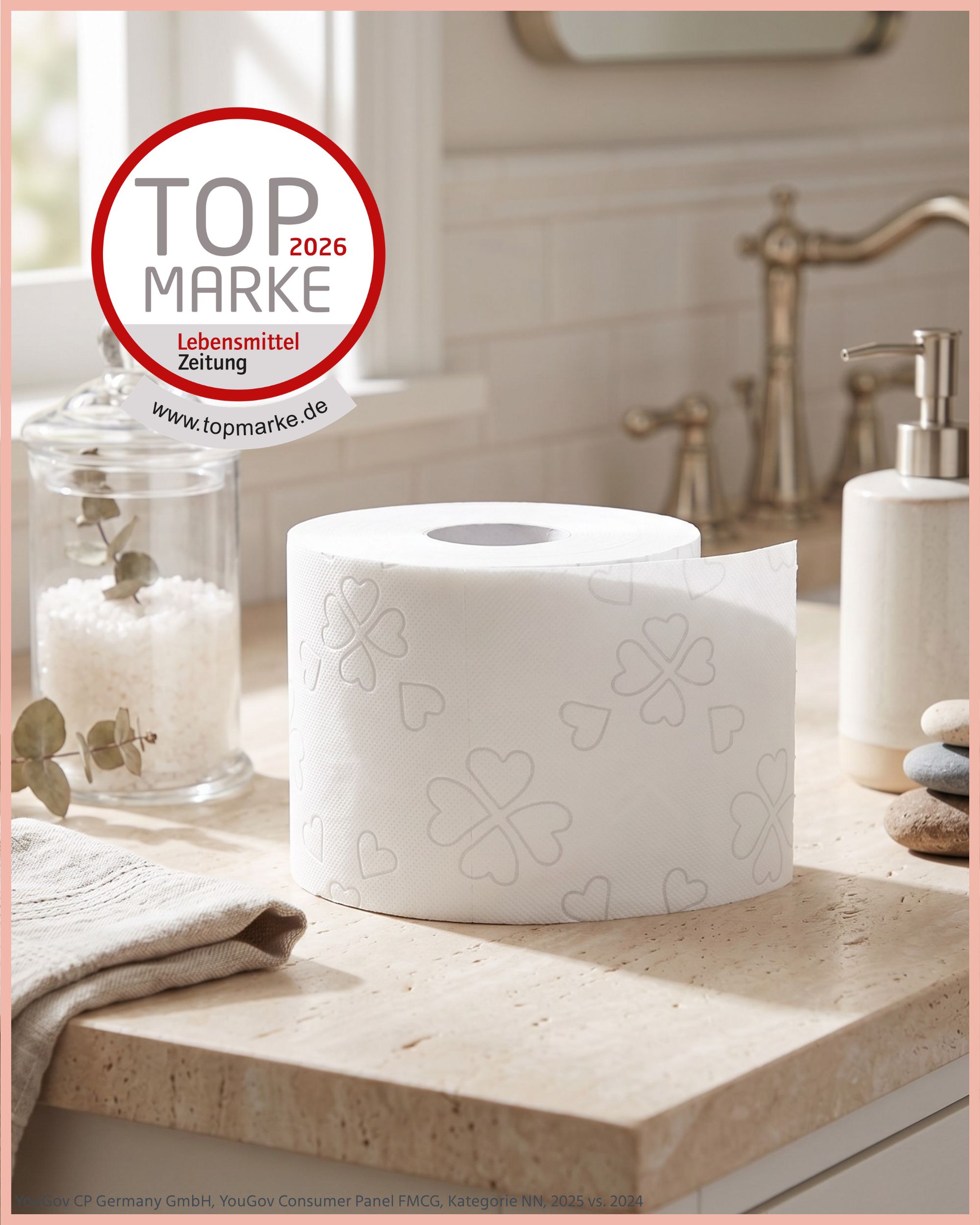 Rolle Glücksblatt Toilettenpapier mit Kleeblattmuster. Auszeichnung "TOP MARKE 2026".
