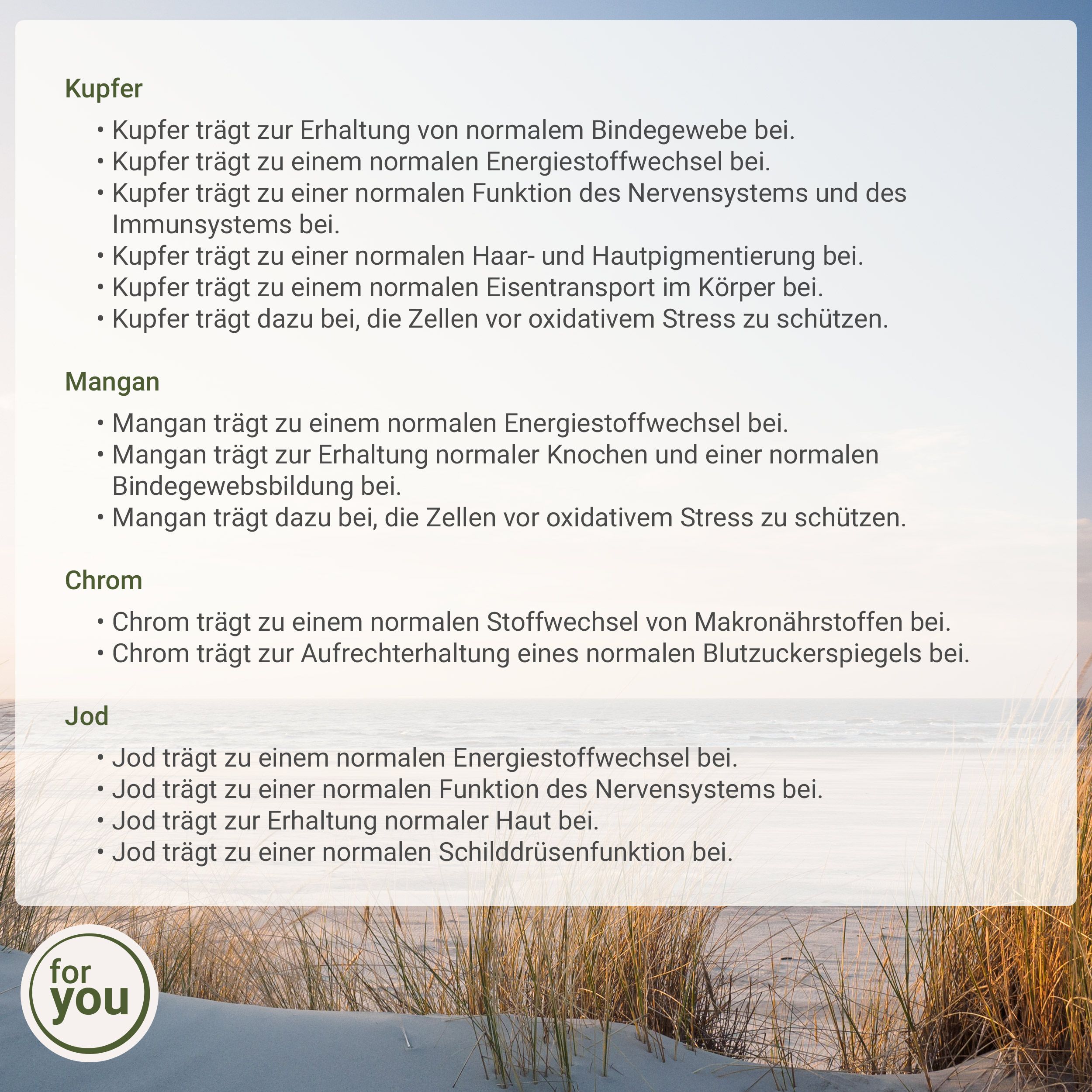 Liste von gesundheitlichen Vorteilen von Kupfer, Mangan, Chrom und Jod, mit Logo.
