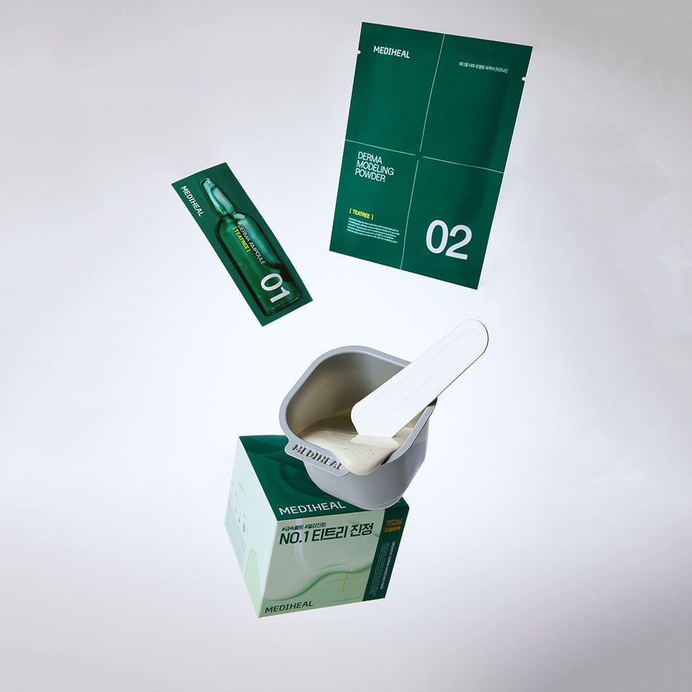 Mediheal Modellierpulver-Set mit Ampulle, Pulverbeutel und Spatel in einer Schale.