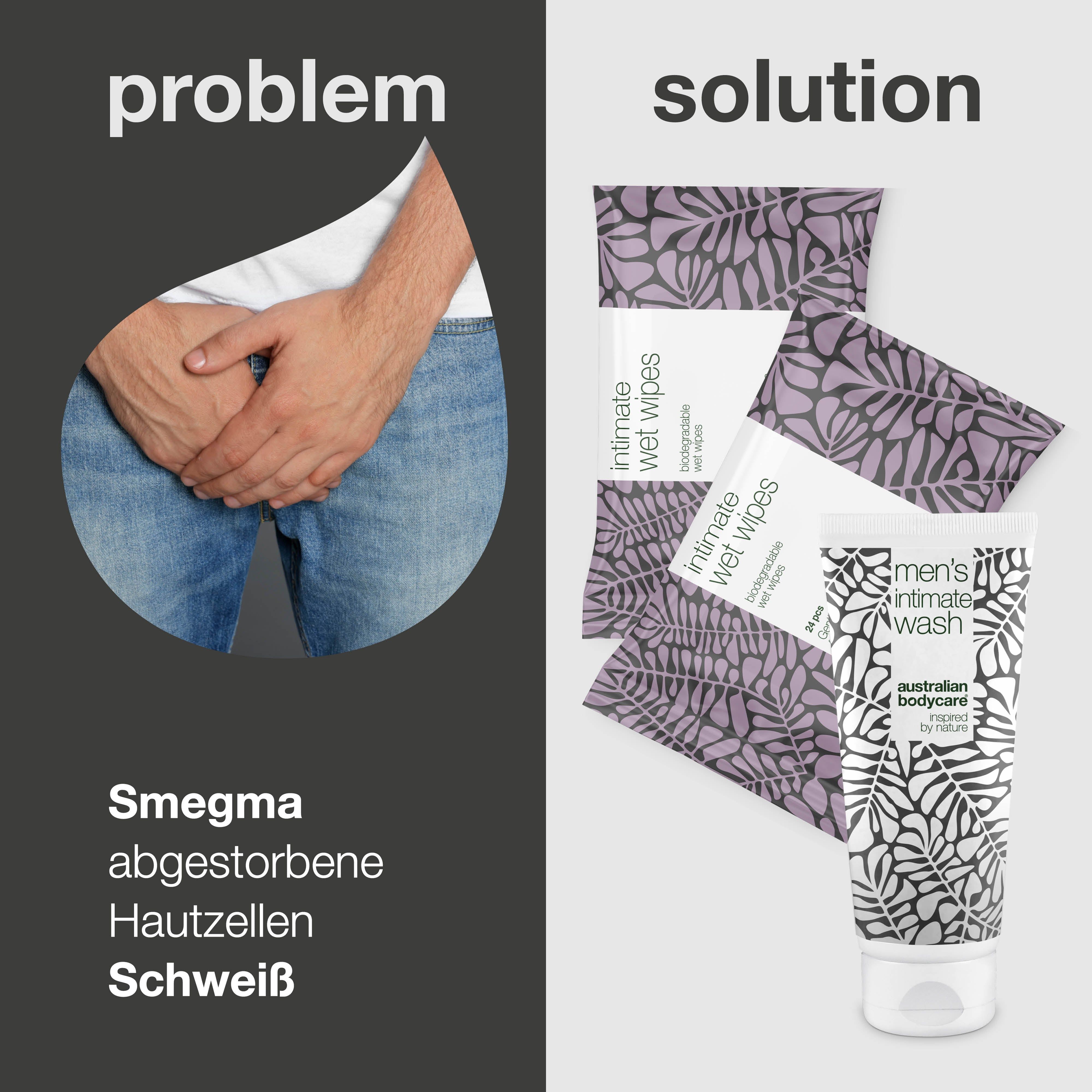 Problem: Mann hält sich den Schritt. Lösung: Intimwaschgel und Feuchttücher. Marke: Australian Bodycare.