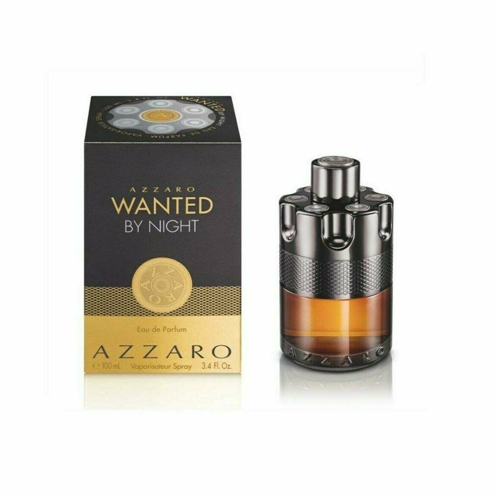 Azzaro Wanted by Night Eau de Parfum Flakon und Verpackung. Schwarze Schachtel, goldene Schrift, Flakon mit goldener Flüssigkeit.