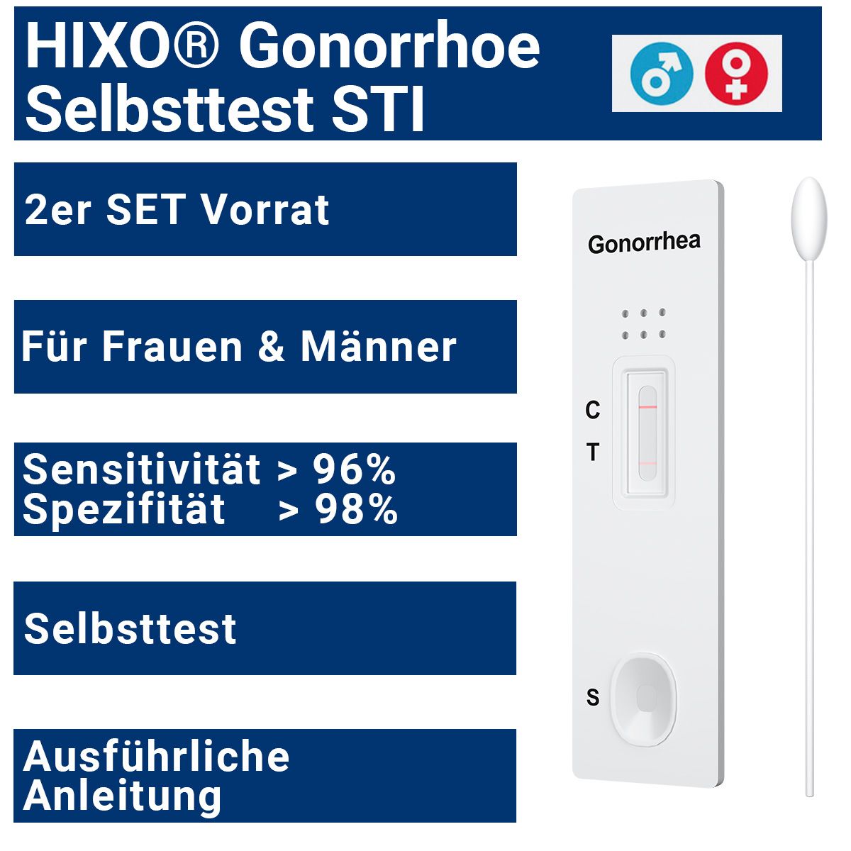 HIXO Gonorrhoe Selbsttest STI, 2er Set. Für Frauen & Männer. Hohe Sensitivität und Spezifität. Mit Anleitung.