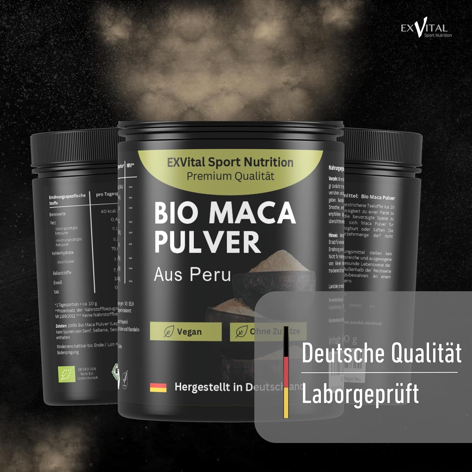 Drei Dosen BIO Maca Pulver. Aufschrift: BIO MACA PULVER Aus Peru. Vegan und ohne Zusätze. Deutsche Qualität. Laborgeprüft.