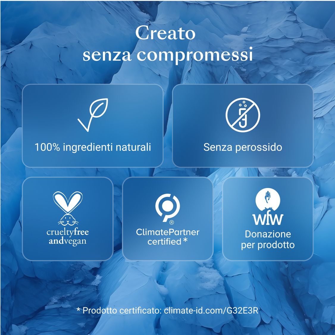 Immagine blu con loghi. Testo: 100% ingredienti naturali, senza perossido, crueltyfree andvegan.