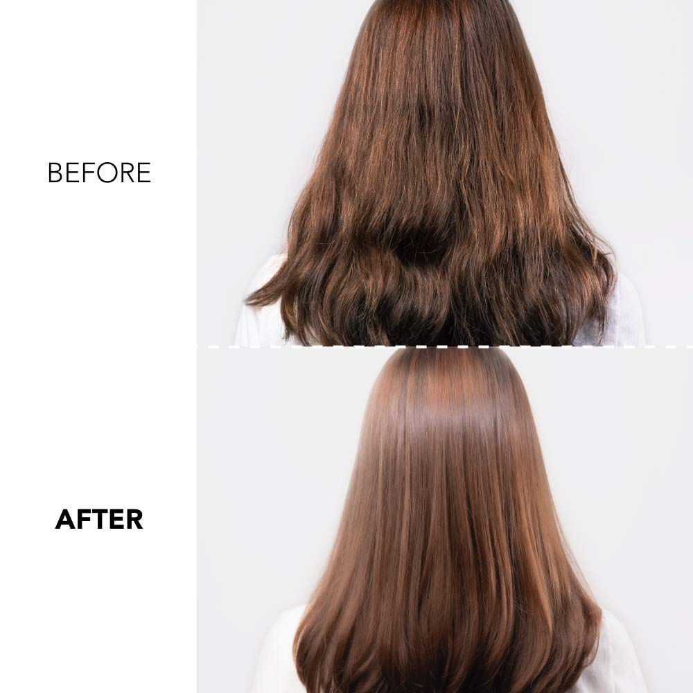 Zwei Bilder: Oben: Haare vor der Behandlung. Unten: Haare nach der Behandlung. Beide Bilder zeigen braunes Haar.